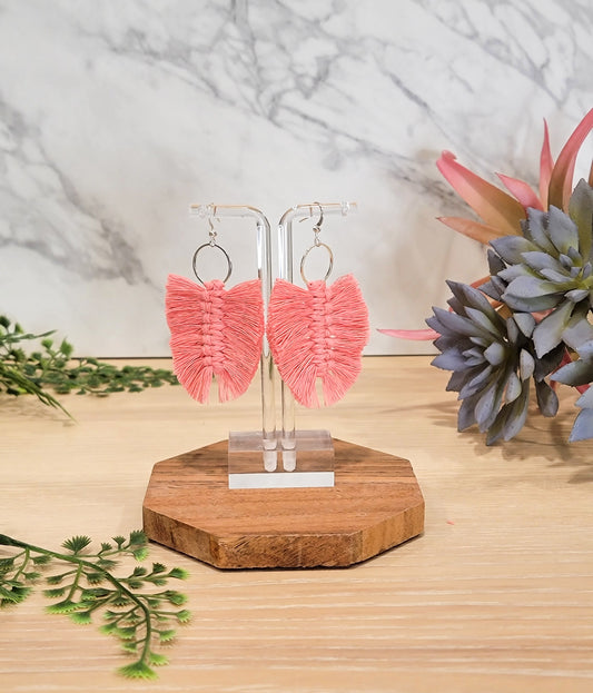 Coral Macrame Feather Earrings