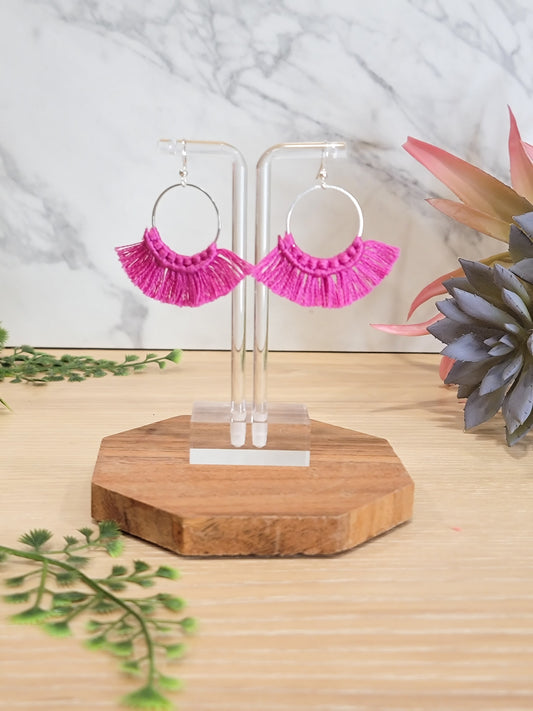 Fuscia Macrame Hoop Earrings