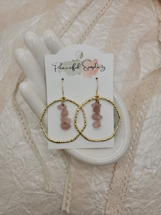 Gold Rose Quartz Crystal Hoop Earrings