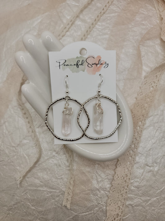 Silver Clear Quartz Crystal Hoop Earrings