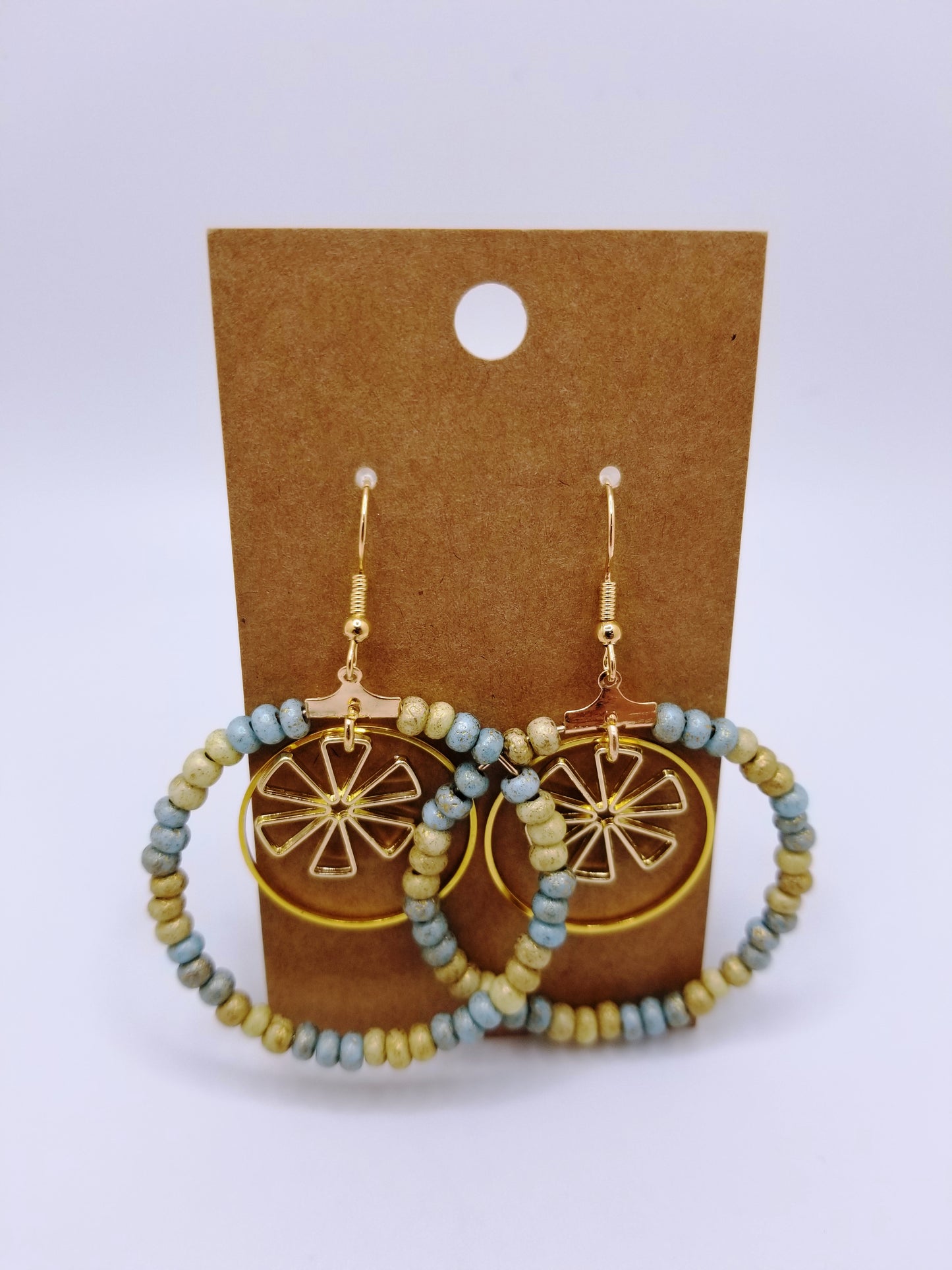 Teal & Gold Beaded Hoop Earrings